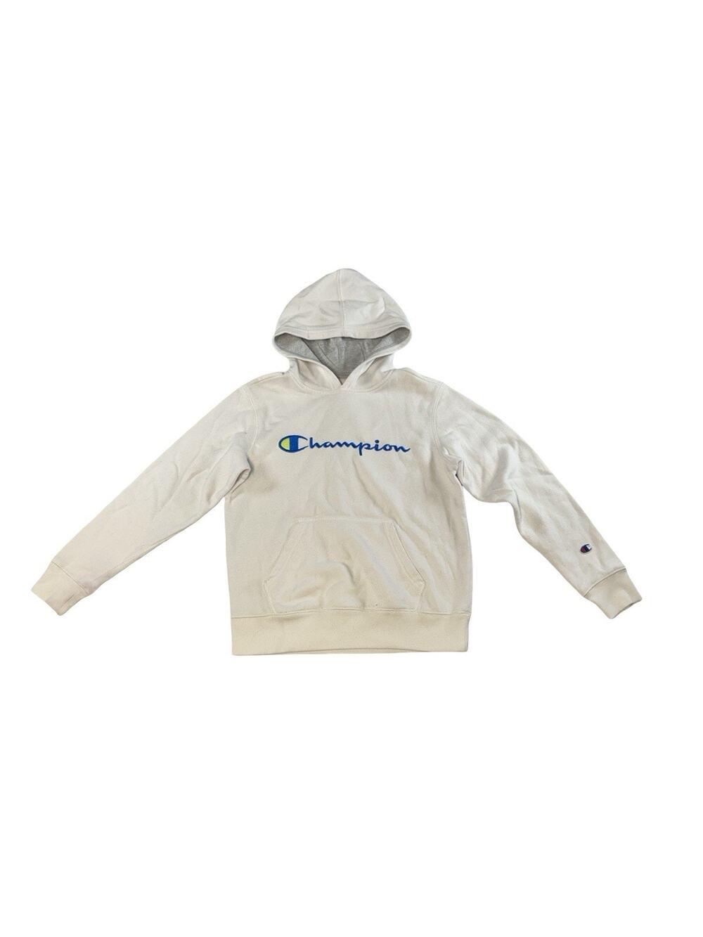 Champion Youth Medium White Pullover Hoodie Embroidered Logo Small Sleeve Stain